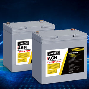 AGM Deep Cycle Battery | 12V 75Ah (x2) with Portable Solar Box | Caravan & Camping