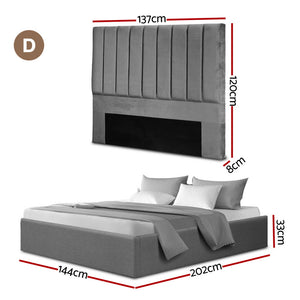 Double Bed Frame | Gas Lift Storage Base | Grey Velvet Headboard