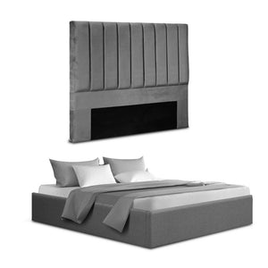 Double Bed Frame | Gas Lift Storage Base | Grey Velvet Headboard