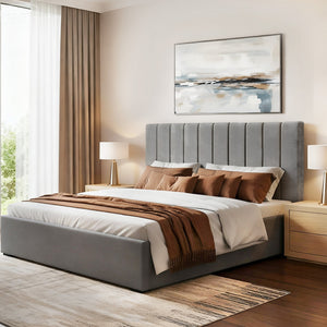 King Bed Frame | Gas Lift Storage Base | Grey Velvet Headboard