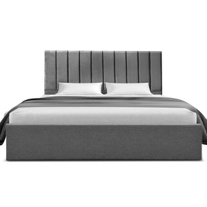 King Bed Frame | Gas Lift Storage Base | Grey Velvet Headboard