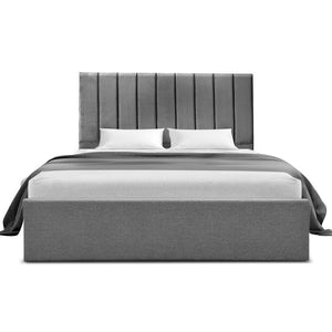 Queen Bed Frame | Gas Lift Storage Base | Grey Velvet Headboard
