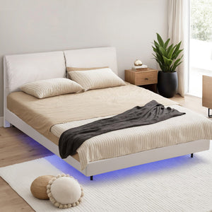 Queen Bed Frame | RGB LED Floating Bed | Adjustable Headboard | Beige & White