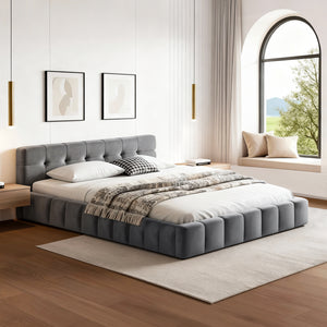 Double Bed Frame | Plush Velvet Headboard | Modern Platform Base | Grey
