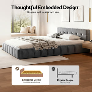Double Bed Frame | Plush Velvet Headboard | Modern Platform Base | Grey