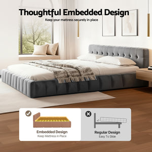 King Bed Frame | Plush Velvet Headboard | Modern Platform Base | Grey