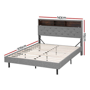 Double Bed Frame | LED Platform Base | Storage Shelf + Hidden Box | Grey