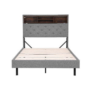 King Single Bed Frame | LED Platform Base | Storage Shelf + Hidden Box | Grey