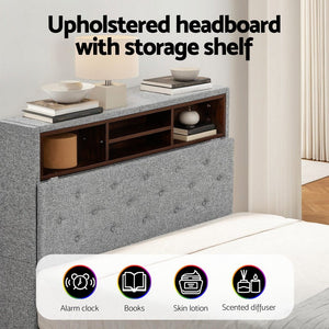 King Single Bed Frame | LED Platform Base | Storage Shelf + Hidden Box | Grey