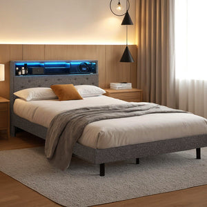 King Single Bed Frame | LED Platform Base | Storage Shelf + Hidden Box | Grey