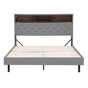 Queen Bed Frame | LED Platform Base | Storage Shelf + Hidden Box | Grey