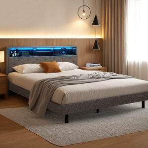 Queen Bed Frame | LED Platform Base | Storage Shelf + Hidden Box | Grey