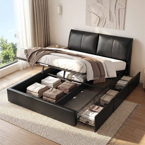 Queen Bed Frame | Black Gas Lift Storage Base with 3 Drawers