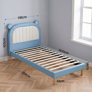 Kids King Single Bed Frame | Bear Headboard | Blue & White