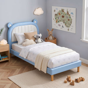 Kids King Single Bed Frame | Bear Headboard | Blue & White