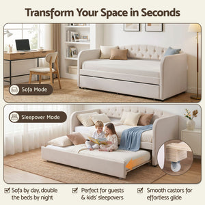 King Single Daybed | Velvet Trundle Bed Frame with Tufted Design