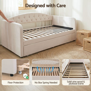 Single Daybed | Velvet Trundle Guest Bed with Tufted Design