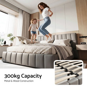 Queen Gas Lift Bed Frame | Upholstered Storage Base with Foldable Bench