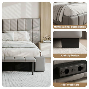 Artiss Queen Size Upholstered Gas Lift Bed Frame with Foldable Bench PVC Leather Platform Bed with Storage