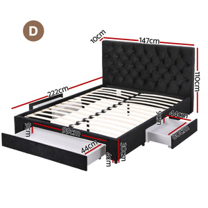 Double Bed Frame | Upholstered Storage | 3 Drawers | USB + Type-C Charging