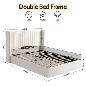 Double Bed Frame | Gas Lift Storage | USB & Type-C Ports | Velvet Upholstery | White
