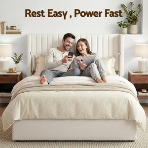 Double Bed Frame | Gas Lift Storage | USB & Type-C Ports | Velvet Upholstery | White