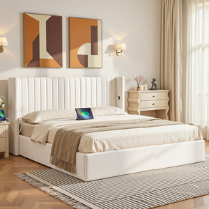 King Bed Frame | Gas Lift Storage | USB & Type-C Ports | Velvet Upholstery | White