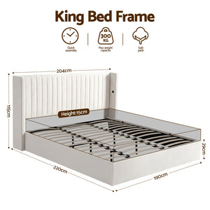 King Bed Frame | Gas Lift Storage | USB & Type-C Ports | Velvet Upholstery | White