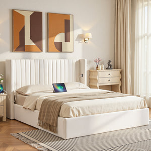 Queen Bed Frame | Gas Lift Storage | USB & Type-C Ports | Velvet Upholstery | White