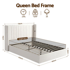 Queen Bed Frame | Gas Lift Storage | USB & Type-C Ports | Velvet Upholstery | White