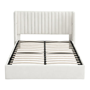 Queen Bed Frame | Gas Lift Storage | USB & Type-C Ports | Velvet Upholstery | White