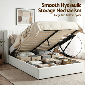 Queen Bed Frame | Gas Lift Storage | USB & Type-C Ports | Velvet Upholstery | White