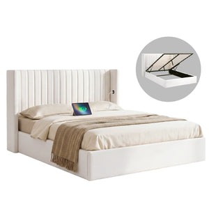 Queen Bed Frame | Gas Lift Storage | USB & Type-C Ports | Velvet Upholstery | White
