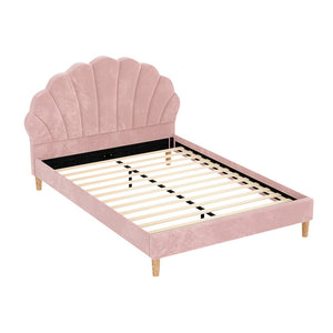 Artiss Bed Frame | Double Size | Scallop Headboard | Pink Velvet