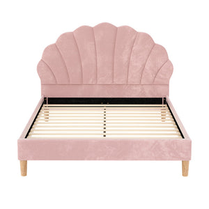 Artiss Bed Frame | Double Size | Scallop Headboard | Pink Velvet