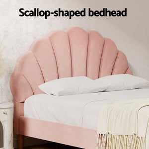 Artiss Bed Frame | Double Size | Scallop Headboard | Pink Velvet