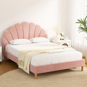 Artiss Bed Frame | Double Size | Scallop Headboard | Pink Velvet