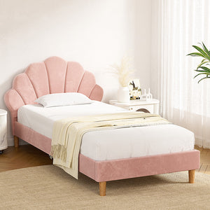 Artiss Bed Frame | King Single | Scallop Headboard | Pink Velvet