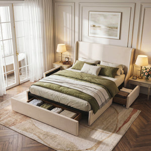 King Bed Frame | Wingback Headboard & 3 Storage Drawers
