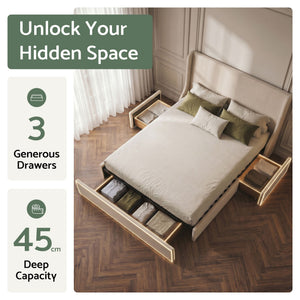 Artiss Queen Upholstered Bed Frame with 3 Storage Drawers Wingback Headboard Heavy Duty Metal Platform Base