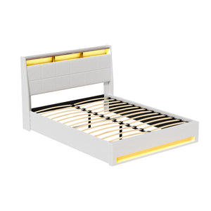 Artiss Bed Frame | Gas Lift | LED Base with Storage | White PVC | Double