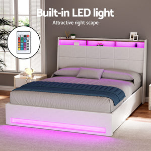 Artiss Bed Frame | Gas Lift | LED Base with Storage | White PVC | Queen