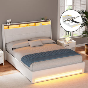 Artiss Bed Frame | Gas Lift | LED Base with Storage | White PVC | Queen