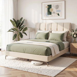 Double Bed Frame | Upholstered Platform Base with Tufted Headboard