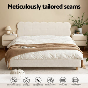 Double Bed Frame | Cloud Boucle Headboard | Platform Base | White