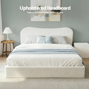 Double Bed Frame | Gas Lift Storage | Wooden Platform | Boucle Upholstered | White