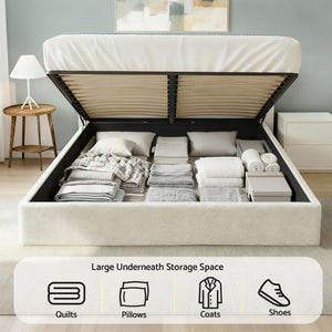 Double Bed Frame | Gas Lift Storage | Wooden Platform | Boucle Upholstered | White