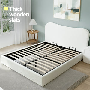 Double Bed Frame | Gas Lift Storage | Wooden Platform | Boucle Upholstered | White