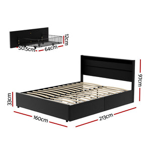 Bed Frame | Queen Size | LED Lighting | 4 Drawers | Black | DUNN