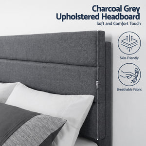Double Bed Frame | Upholstered Platform | Geometric Headboard | Charcoal Grey Linen